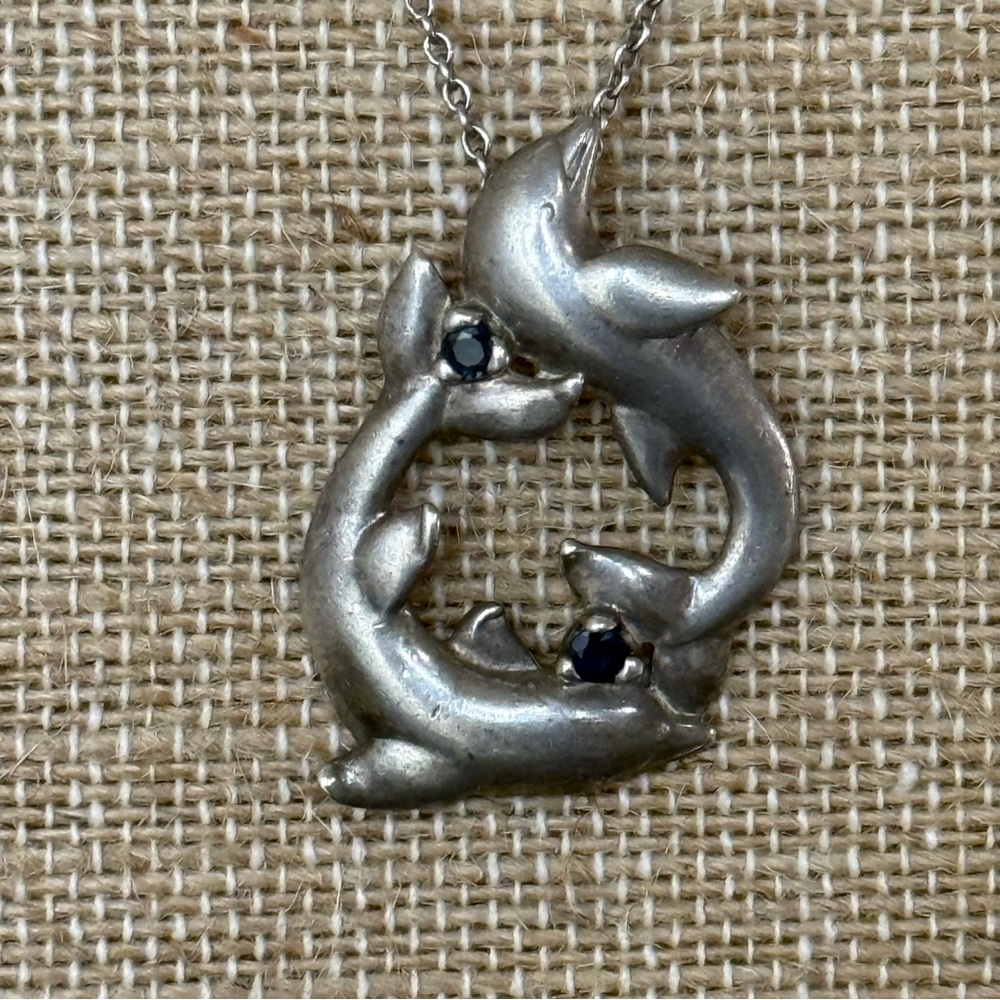 Gorham Sterling Dolphin Pendant Necklace with Sapphires 18”